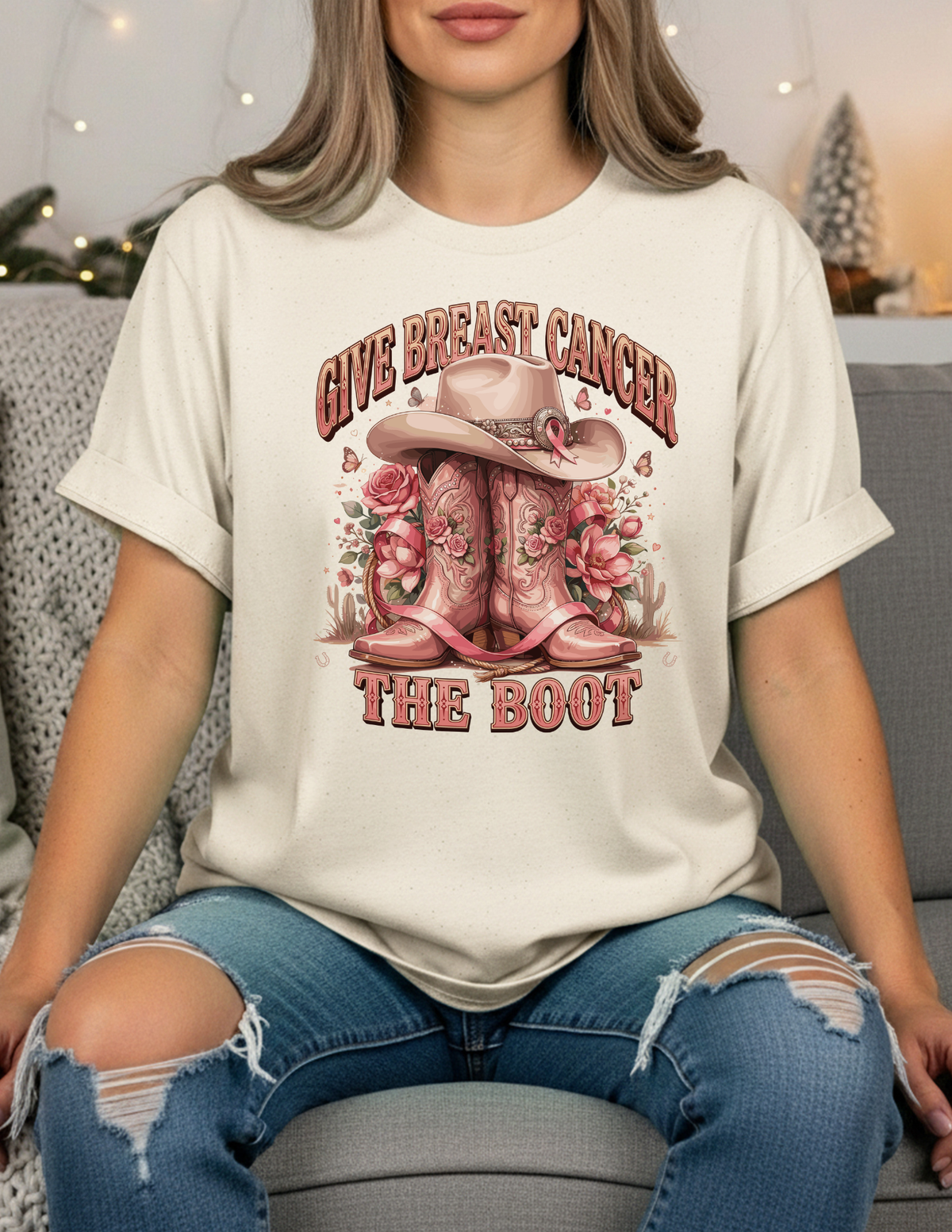 Give Breast Cancer the Boot ā Western Pink Ribbon Graphic T-Shirt