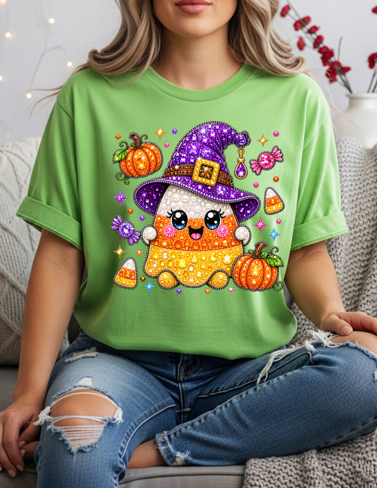Glitter Candy Corn Witch Halloween Graphic T-Shirt