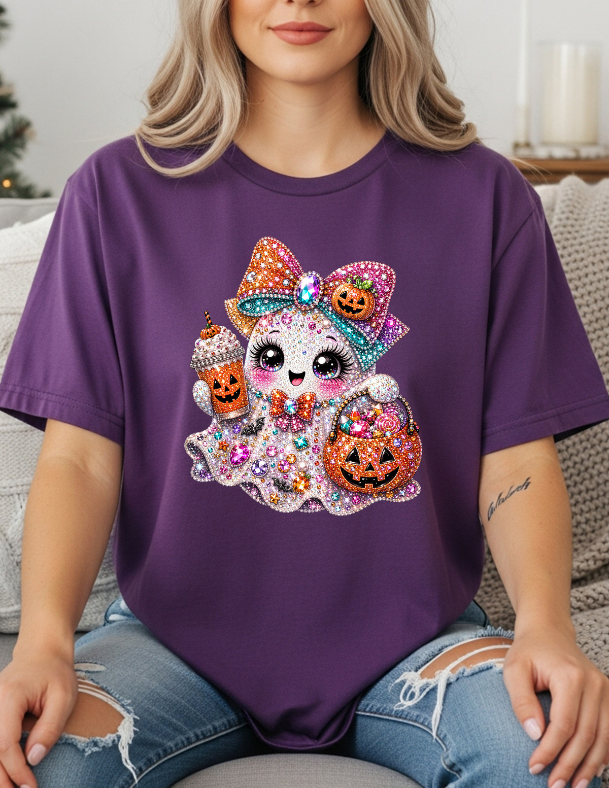 Sparkly Halloween Ghost with Candy Bucket Graphic T-Shirt