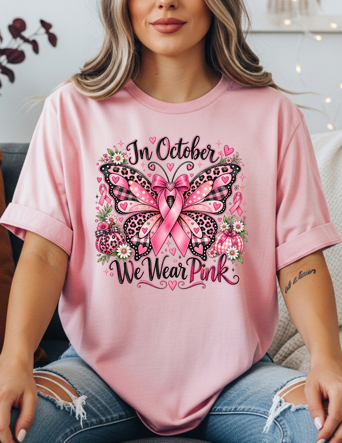 In October We Wear Pink – Butterfly Breast Cancer Awareness Graphic T-Shirt