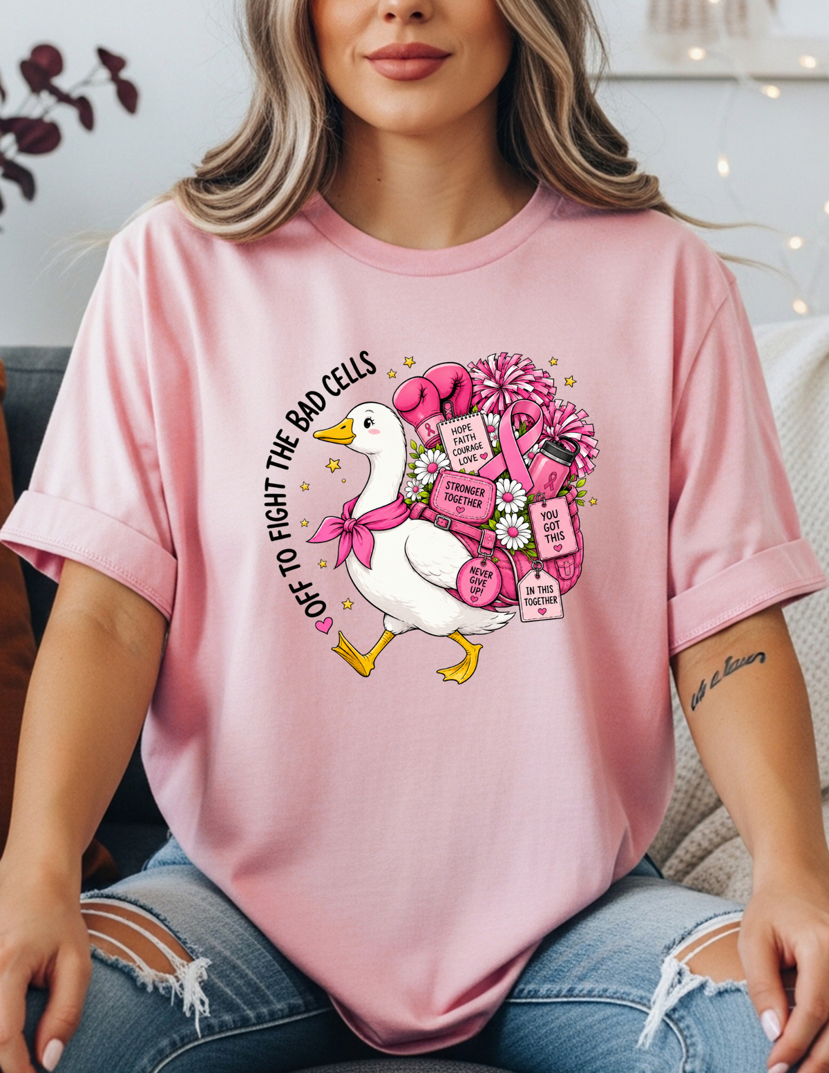 Off to Fight the Bad Cells – Breast Cancer Awareness Duck Graphic T-Shirt