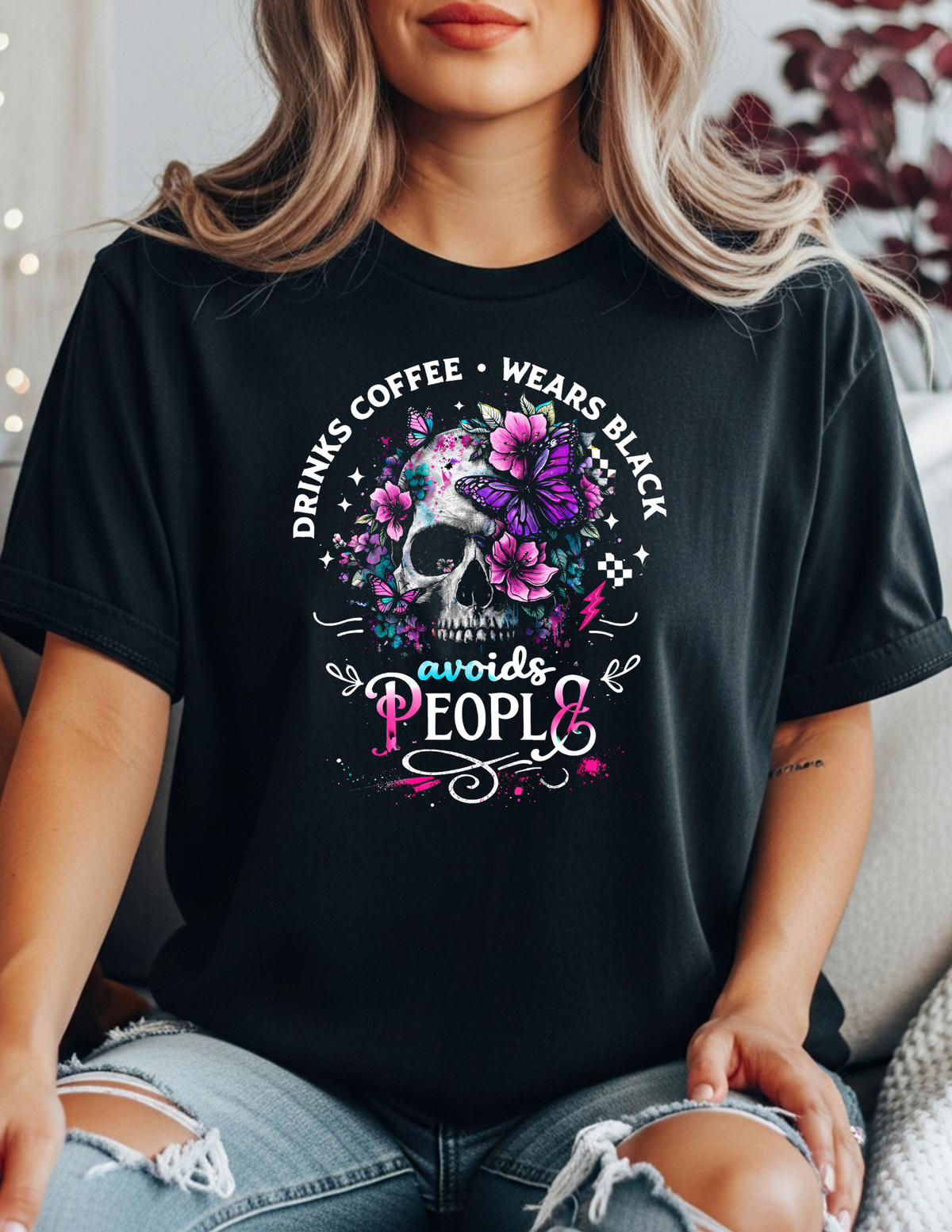 Drinks Coffee, Wears Black, Avoids People Skull Graphic T-Shirt